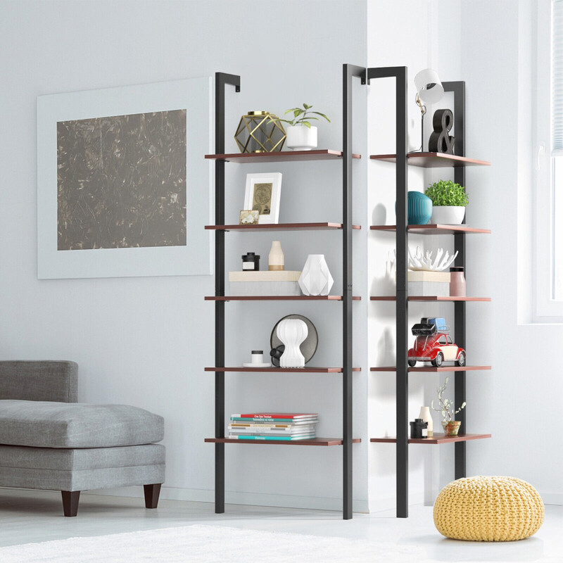 Væghylde i partikelplade og metalramme brun 61x30x183 cm 5 hylder