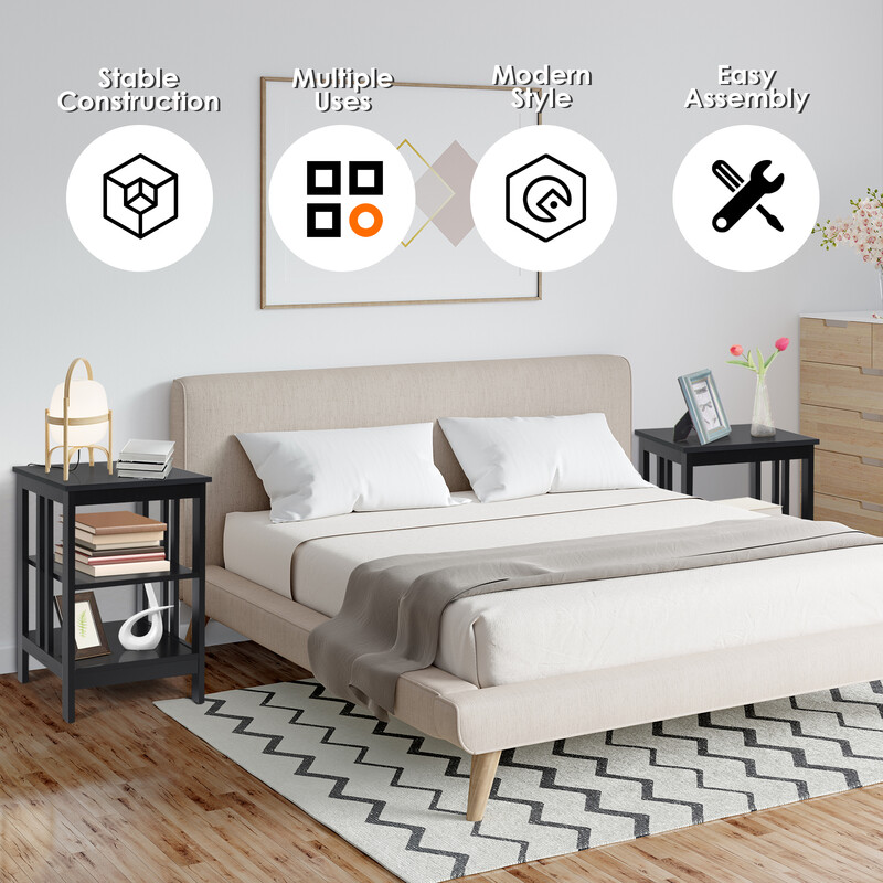 Sengebord sort MDF med tre hylder 40x40x61 cm