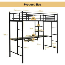 Loftseng i sort stål med skrivebord og sikkerhedsgelænder 200x95x180