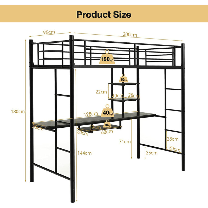 Loftseng i sort stål med skrivebord og sikkerhedsgelænder 200x95x180