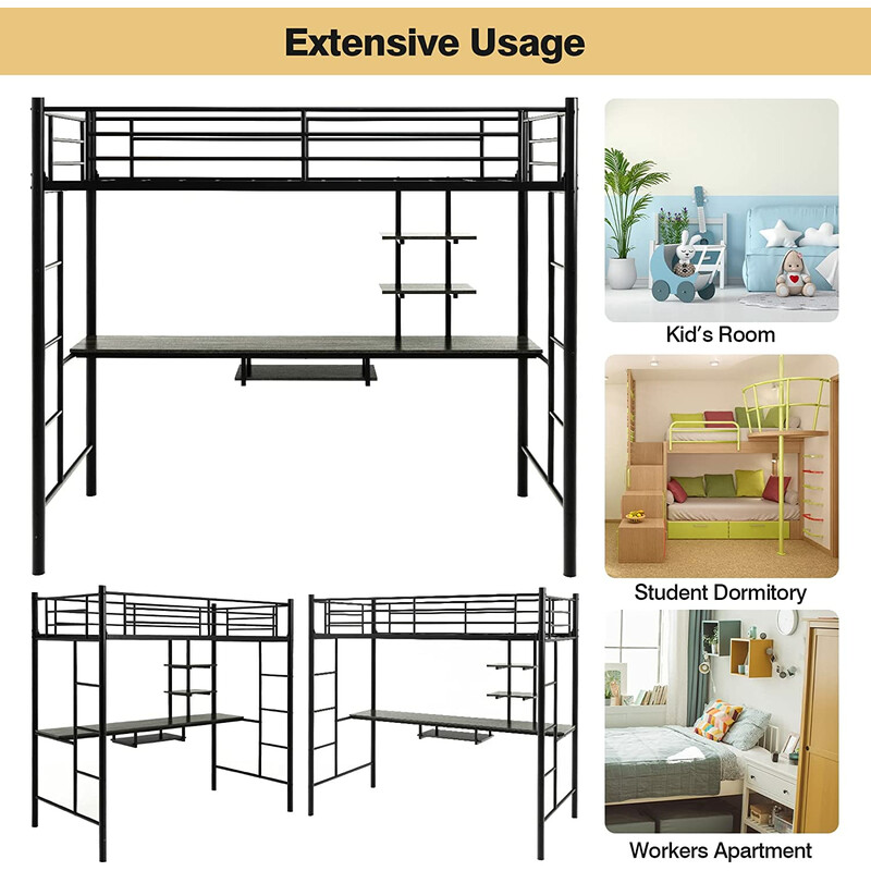 Loftseng i sort stål med skrivebord og sikkerhedsgelænder 200x95x180