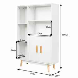 Bokhylde hvid spånplade 80x24x119 cm med to døre og tre åbne hylder