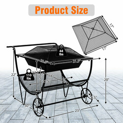 Sort stål ildsted med hjul gnistbeskyttelse og 75x58x56 cm