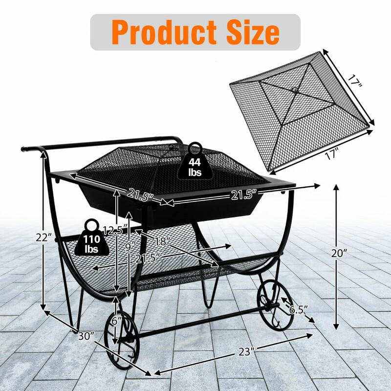 Sort stål ildsted med hjul gnistbeskyttelse og 75x58x56 cm