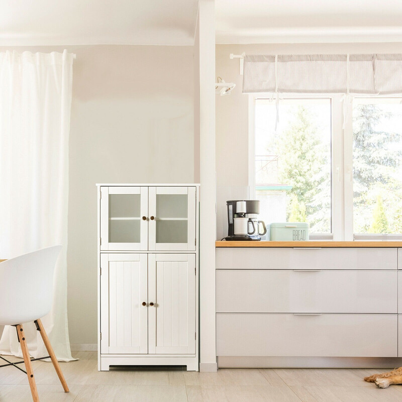 Stående opbevaringsskab hvid MDF 58x30x109 cm med glasdøre justerbar hylde