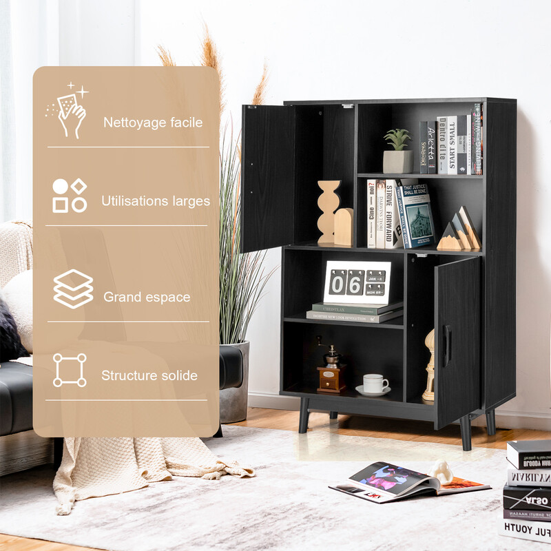 Sort bogreol med 4 hylder 2 døre 80x24x120 cm