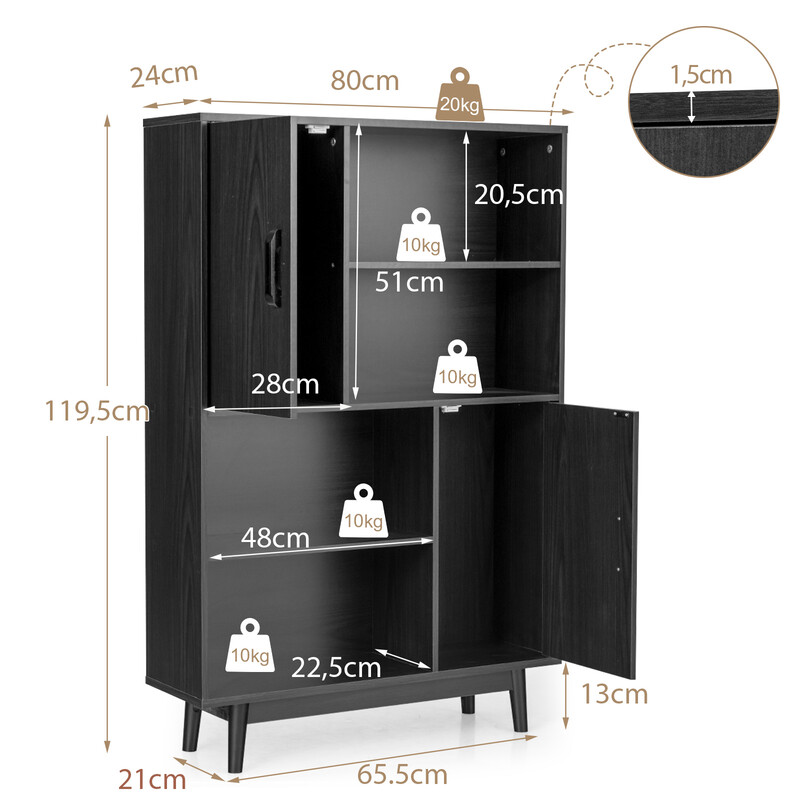 Sort bogreol med 4 hylder 2 døre 80x24x120 cm