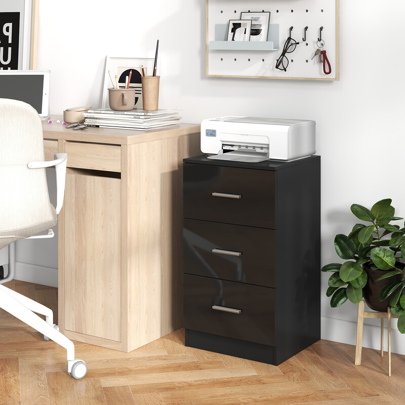 Natbord sort spånplade 3 skuffer 37x34x66 cm med metalhåndtag