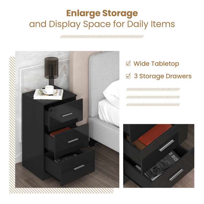 Natbord sort spånplade 3 skuffer 37x34x66 cm med metalhåndtag