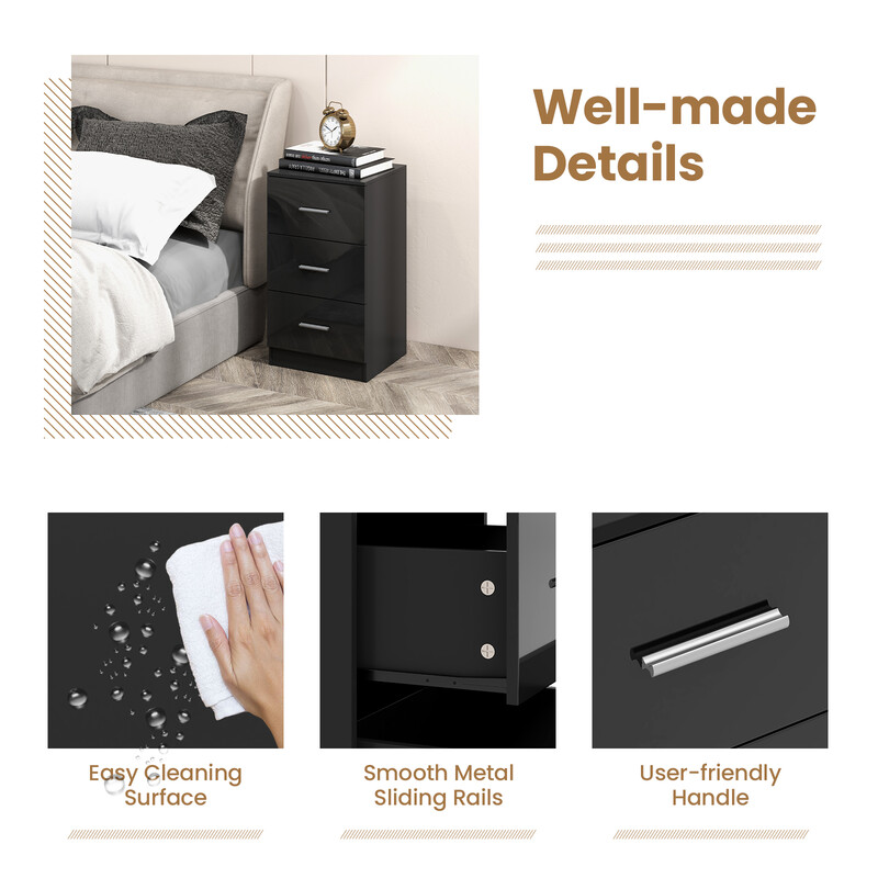 Natbord sort spånplade 3 skuffer 37x34x66 cm med metalhåndtag