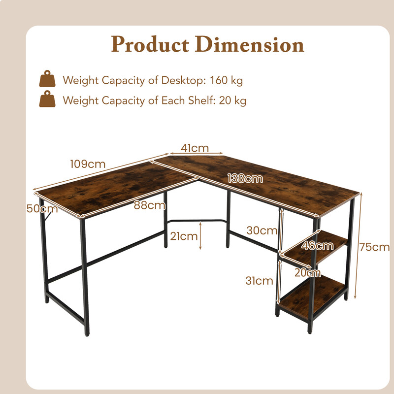 L-formet skrivebord i brun og sort træplade med hylder 138x138 cm