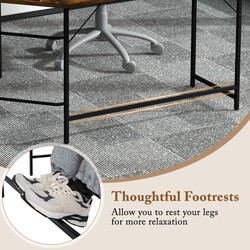 L-formet skrivebord i brun og sort træplade med hylder 138x138 cm