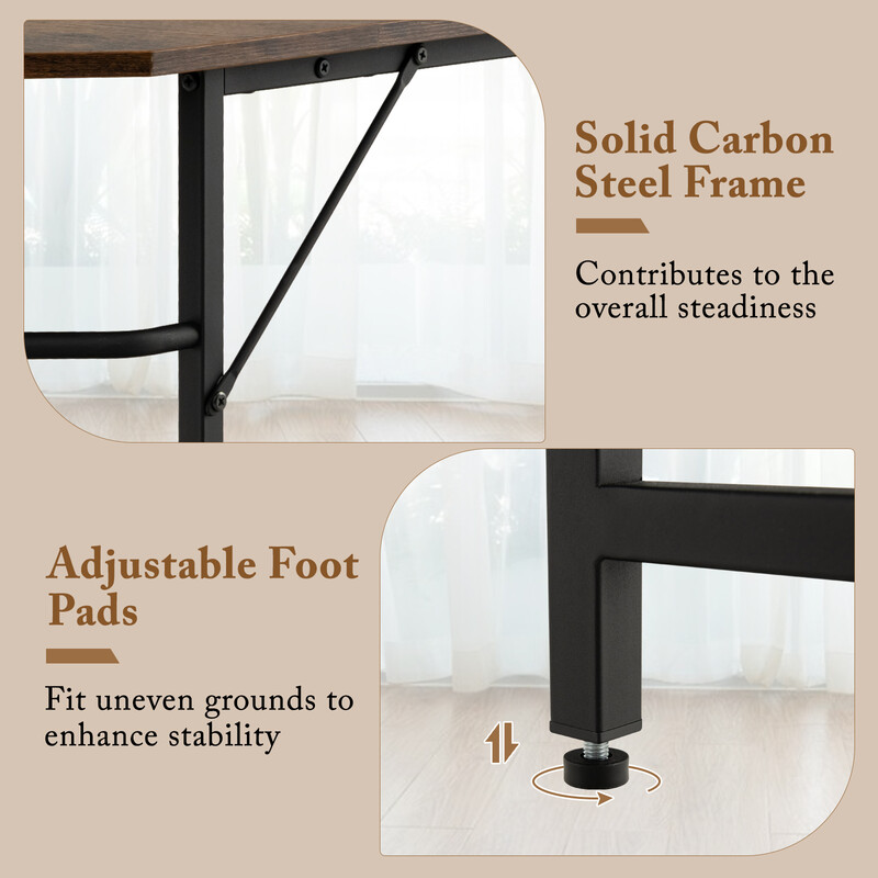 L-formet skrivebord i brun og sort træplade med hylder 138x138 cm