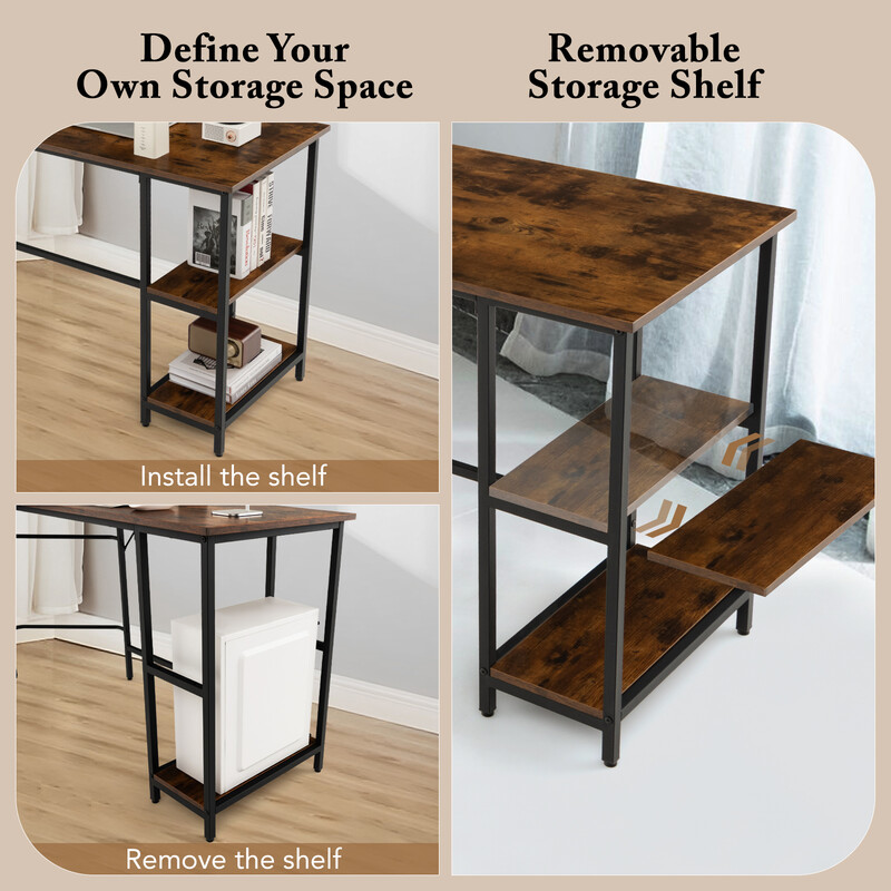 L-formet skrivebord i brun og sort træplade med hylder 138x138 cm