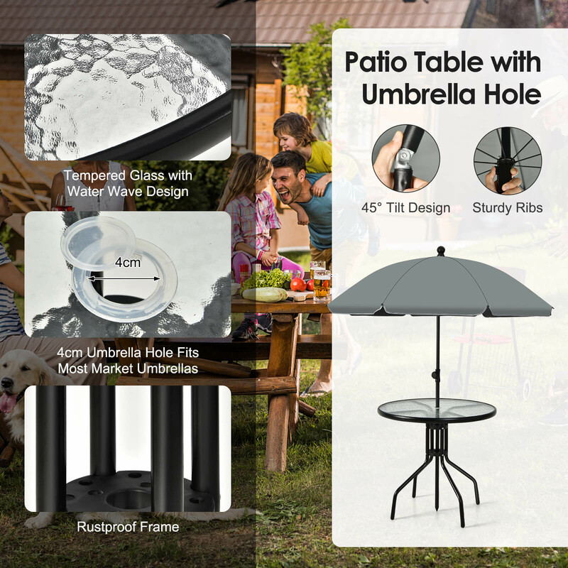 Terrasse møbelsæt seks dele sort stål og glas med bord stole parasol