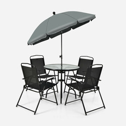 Terrasse møbelsæt seks dele sort stål og glas med bord stole parasol