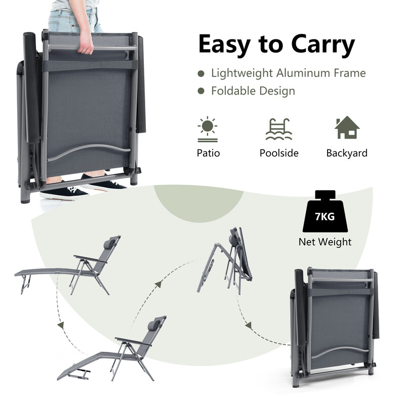Sort terrassehvilestol med aluminiumsram 8-trins ryglænjustering foldbar udendørs