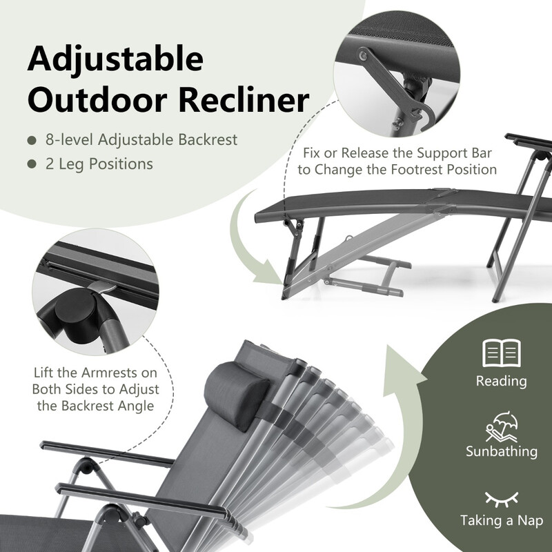 Sort terrassehvilestol med aluminiumsram 8-trins ryglænjustering foldbar udendørs