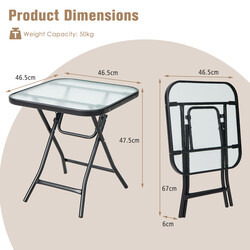 Firkantet foldbart sidebord i hærdet glas og stål sort 46x46x42 cm