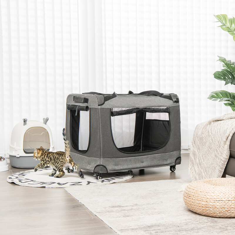 Sammenklappelig kattevogn fire hjul netpaneler grå 82