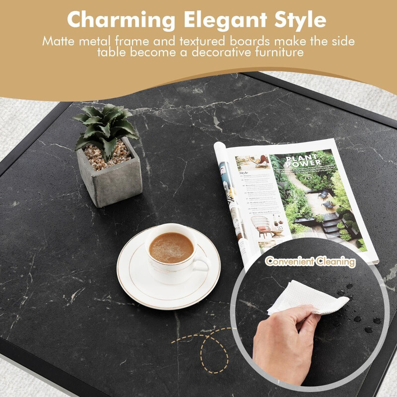 Sofabord sort stålram marmormønster 70x70x40 cm nem montering