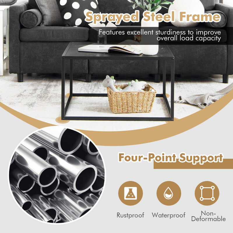 Sofabord sort stålram marmormønster 70x70x40 cm nem montering