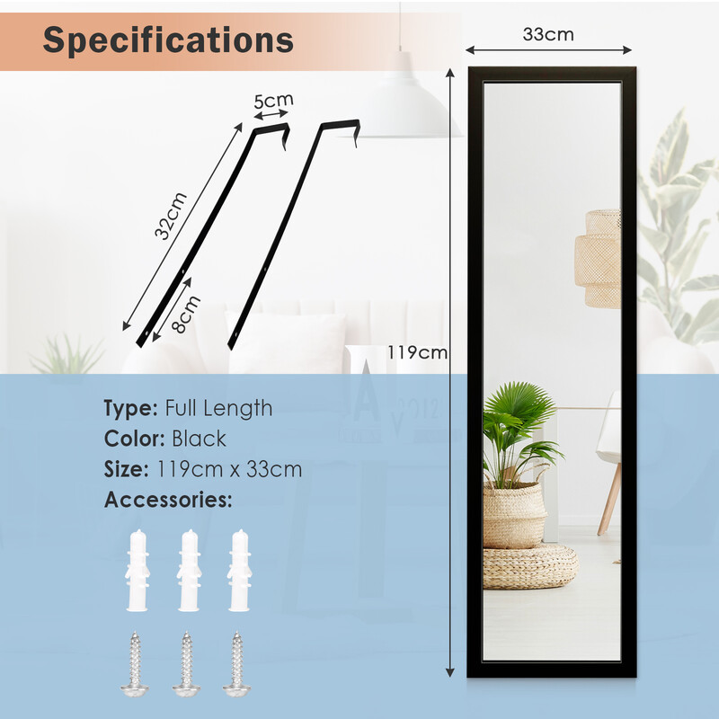 Helkropsspejl sort rektangulær 33 x 119 cm med dørkrog