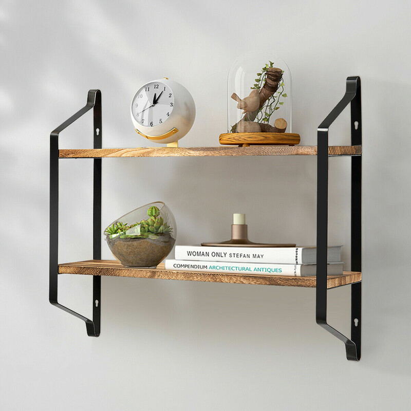 Væghylde i paulownia-træ og stål brun to niveauer 60x15x51 cm