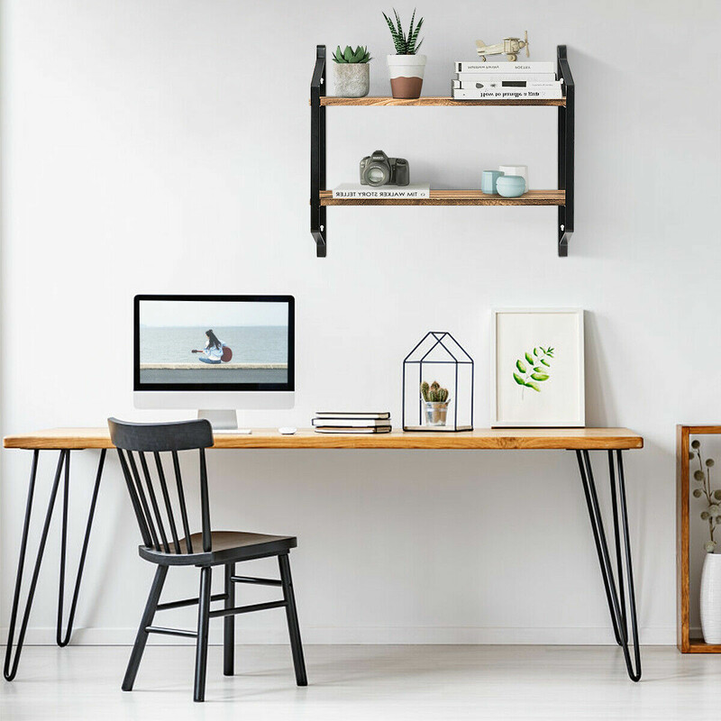 Væghylde i paulownia-træ og stål brun to niveauer 60x15x51 cm