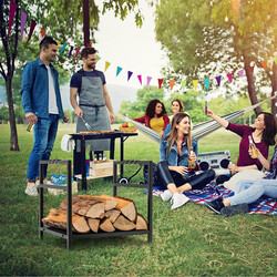 Stål vedstativ 40 cm bred sort med bundplade og håndtag