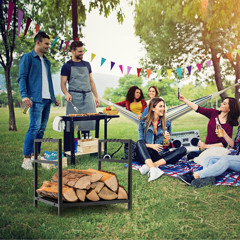 Stål vedstativ 40 cm bred sort med bundplade og håndtag