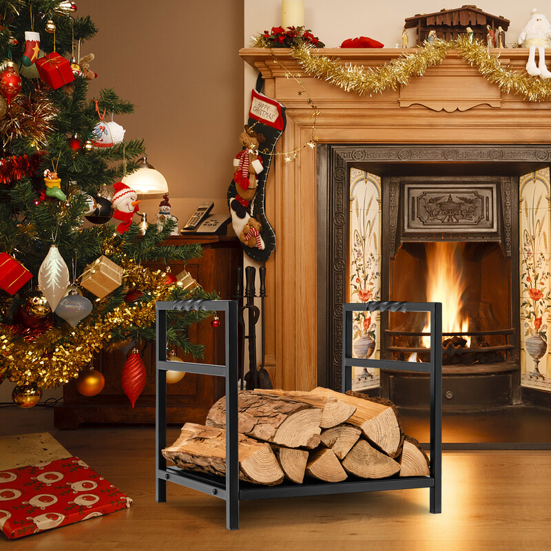 Stål vedstativ 40 cm bred sort med bundplade og håndtag