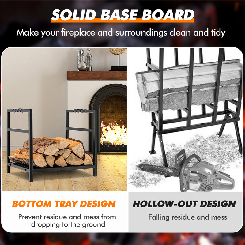 Stål vedstativ 40 cm bred sort med bundplade og håndtag