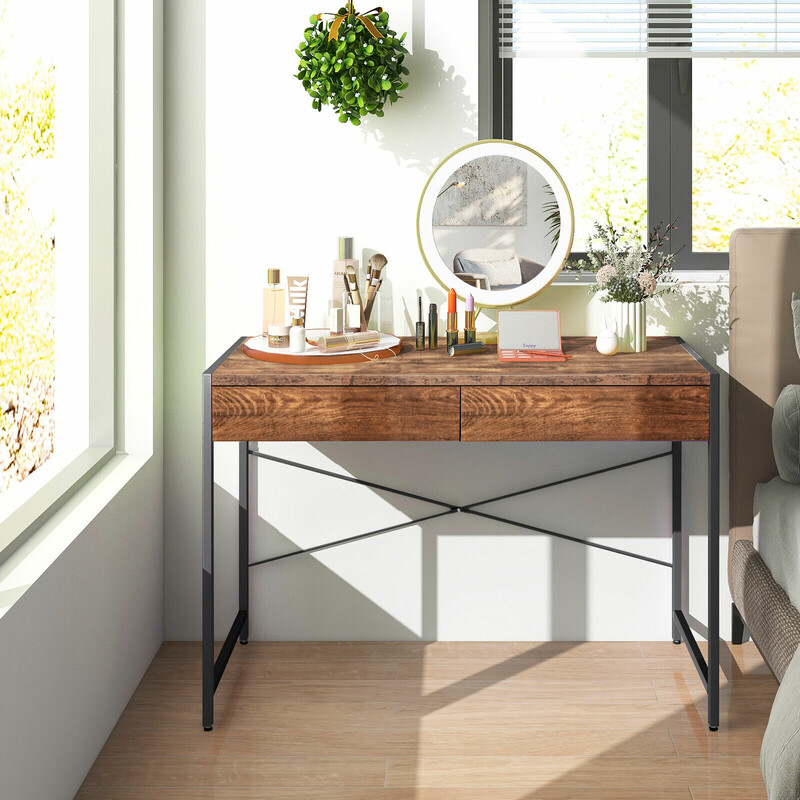 Skrivebord med to skuffer stålram rustik brun 112x48x76 cm
