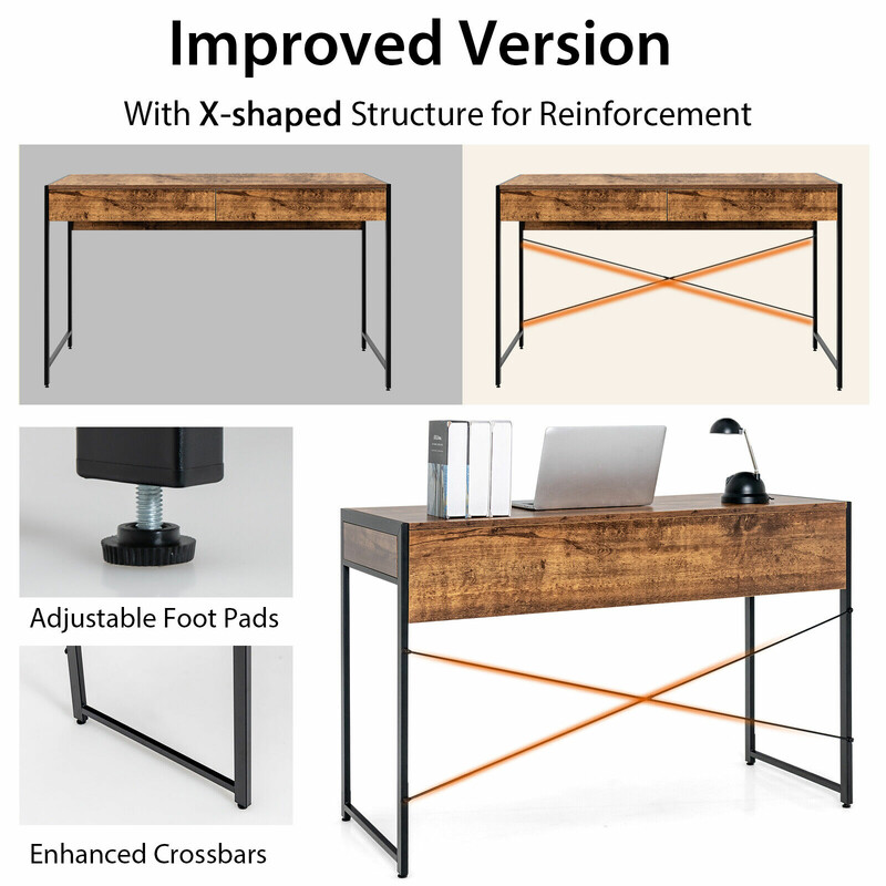 Skrivebord med to skuffer stålram rustik brun 112x48x76 cm