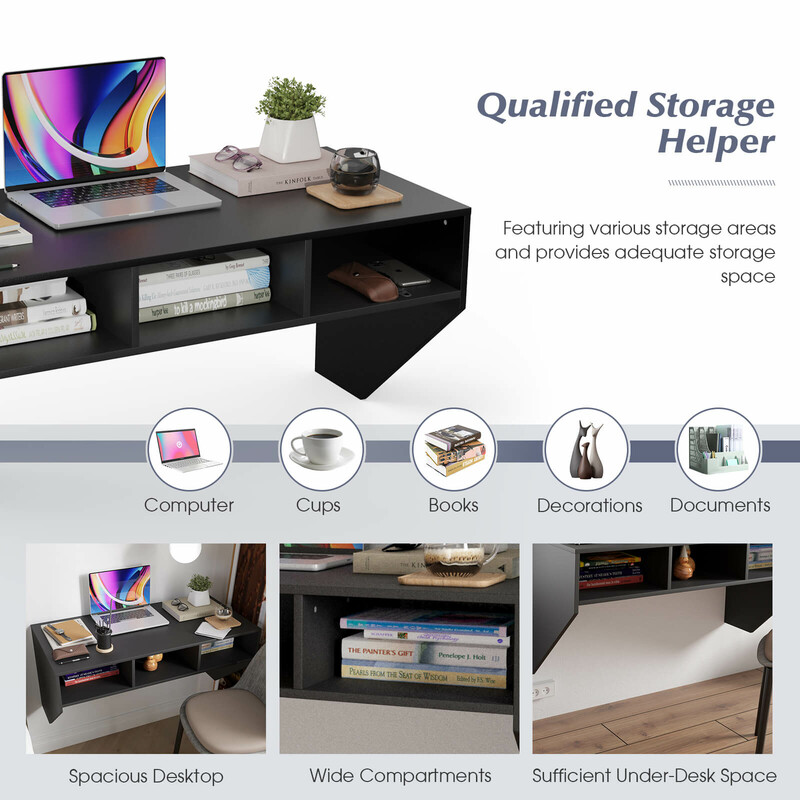 Vægmonteret skrivebord sort MDF med tre hylder 108x53x52 cm