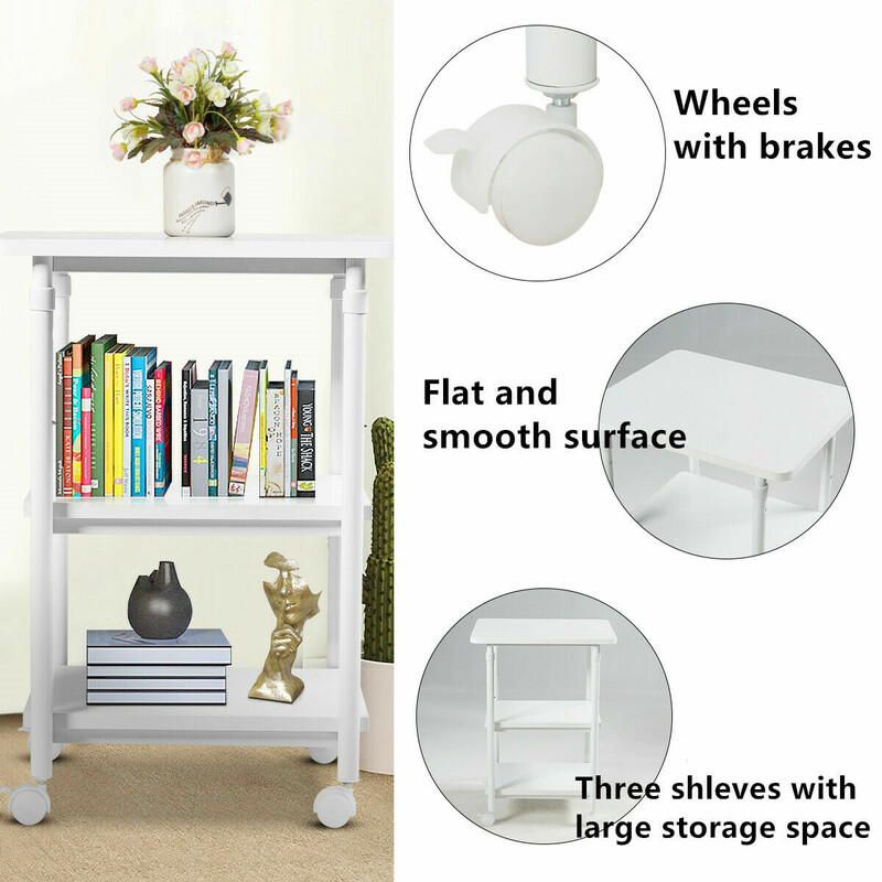 Printerstativ justerbar højde fire hjul tre niveauer hvid 49x40x67-77 cm