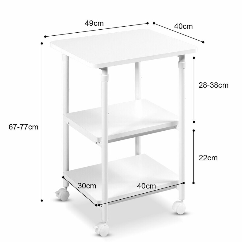 Printerstativ justerbar højde fire hjul tre niveauer hvid 49x40x67-77 cm