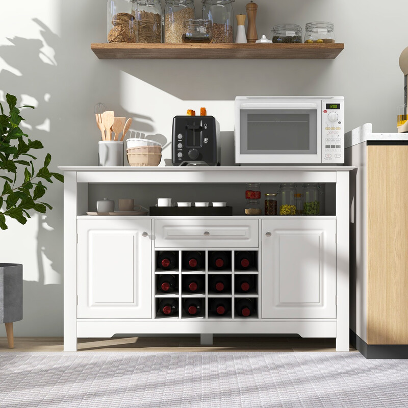 Hvidt MDF buffetskab 117 cm med vinholder og åben hylde