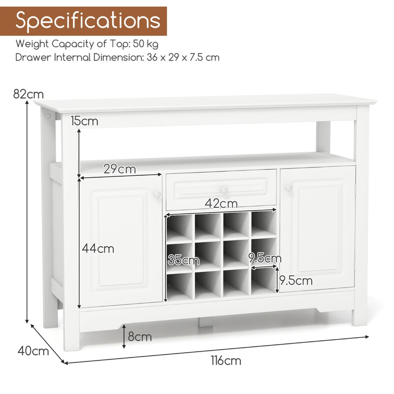 Hvidt MDF buffetskab 117 cm med vinholder og åben hylde