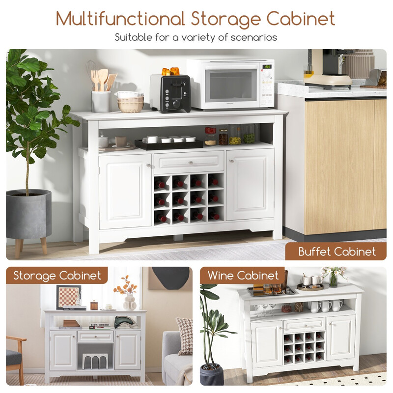 Hvidt MDF buffetskab 117 cm med vinholder og åben hylde