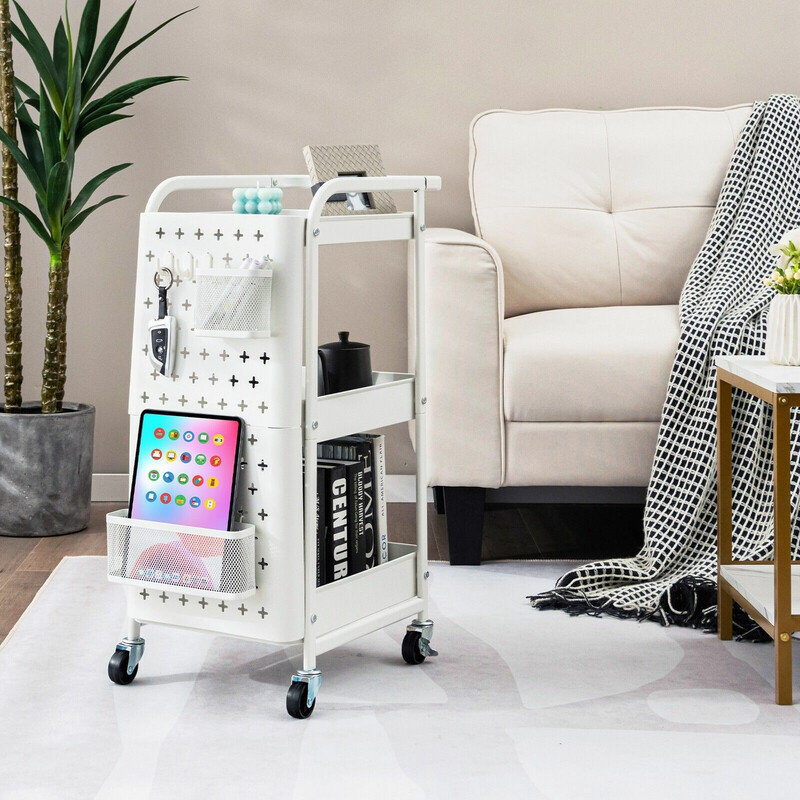 Kulstål hvid 3‑niveau opbevaringsvogn med nethylder kurve og kroge 52x33x75 cm