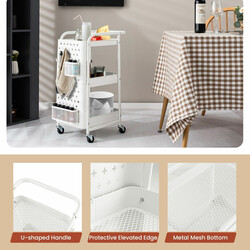 Kulstål hvid 3‑niveau opbevaringsvogn med nethylder kurve og kroge 52x33x75 cm