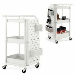 Kulstål hvid 3‑niveau opbevaringsvogn med nethylder kurve og kroge 52x33x75 cm