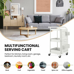 Kulstål hvid 3‑niveau opbevaringsvogn med nethylder kurve og kroge 52x33x75 cm