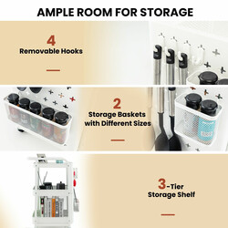 Kulstål hvid 3‑niveau opbevaringsvogn med nethylder kurve og kroge 52x33x75 cm