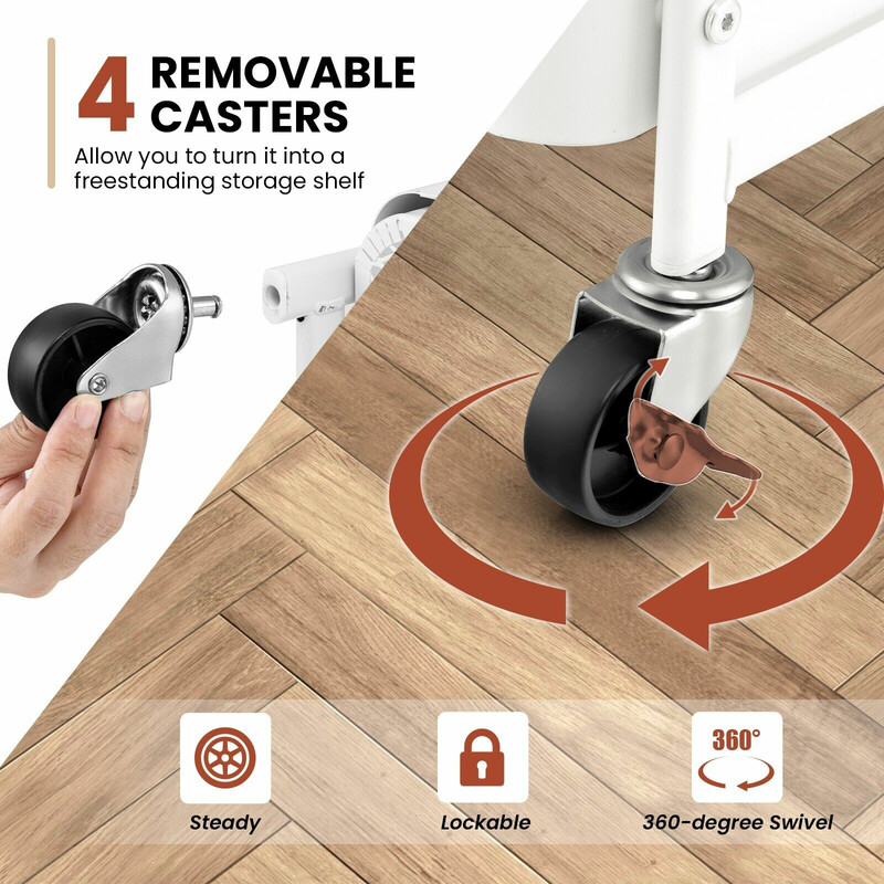 Kulstål hvid 3‑niveau opbevaringsvogn med nethylder kurve og kroge 52x33x75 cm