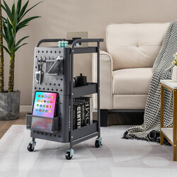 Grå 3‑nivås rullevogn i kulstål 52x33x75 cm med pegboards kurve og kroge