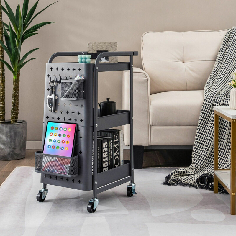 Grå 3‑nivås rullevogn i kulstål 52x33x75 cm med pegboards kurve og kroge