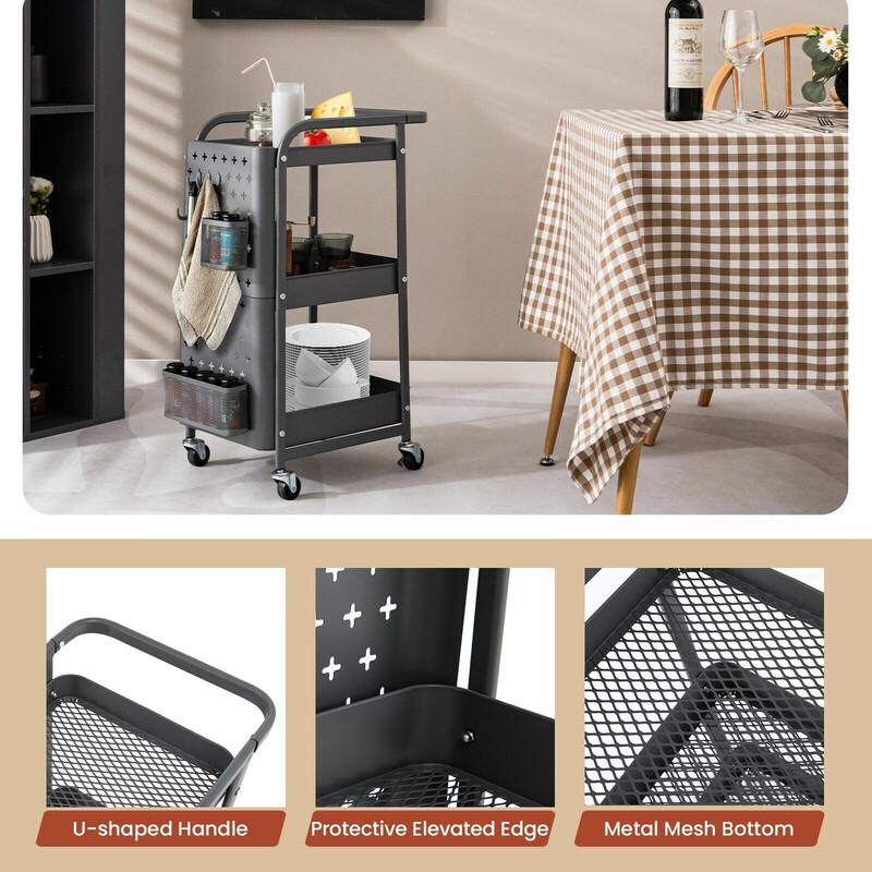 Grå 3‑nivås rullevogn i kulstål 52x33x75 cm med pegboards kurve og kroge